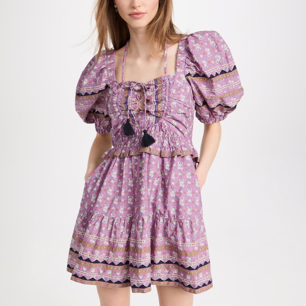 Sea New York Perry Border Puff Sleeve Dress Purple Sz M